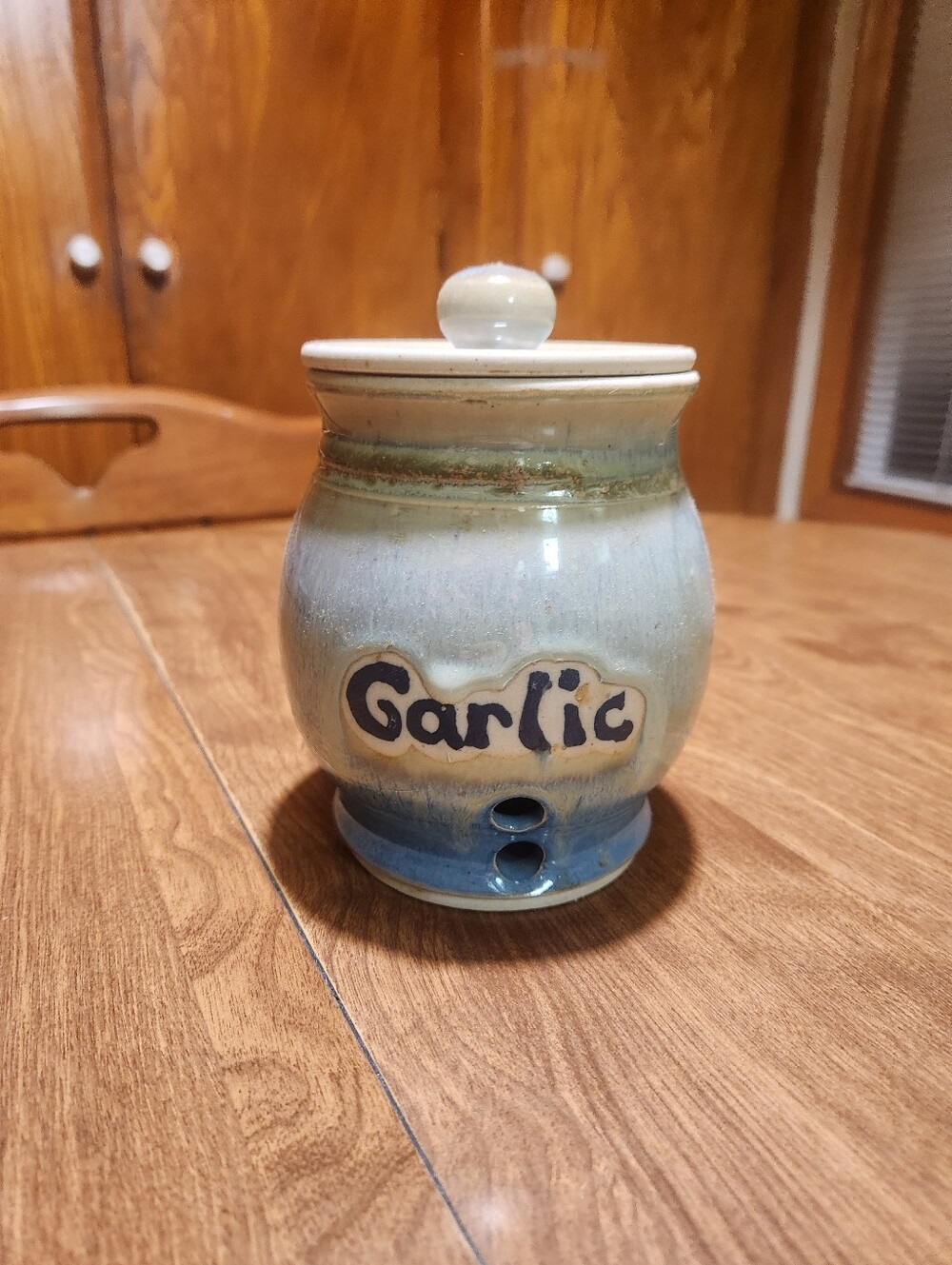 Handmade Ceramic Garlic Keeper in Blue and Cream
